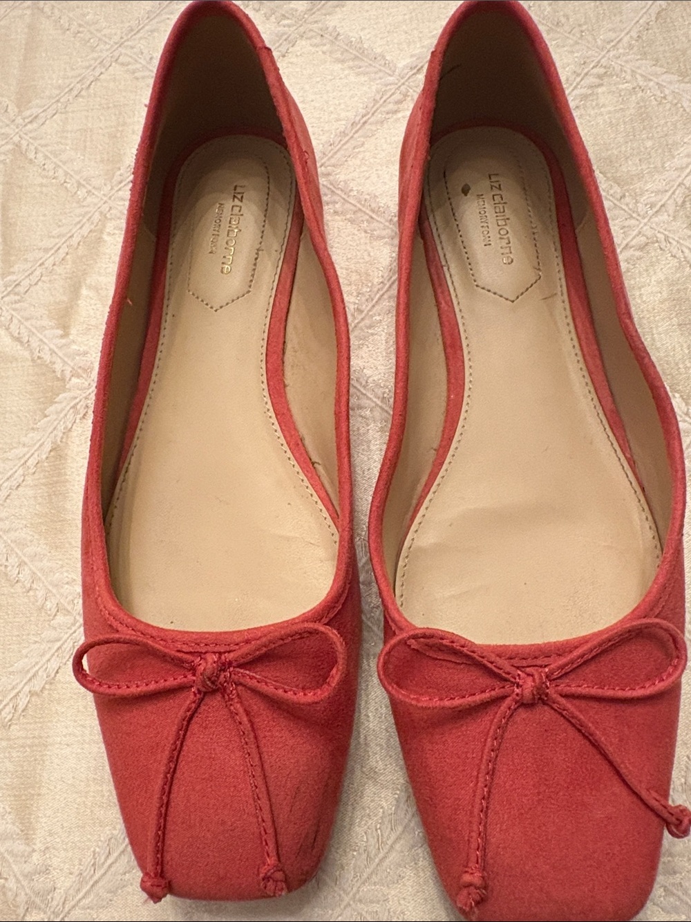 Liz Claiborne Coral-Red Suede Square-Toe Ballet Flats